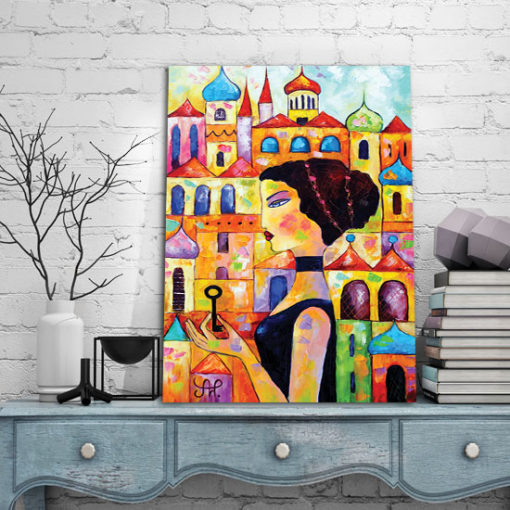 plakat kobieta i kolorowe miasto