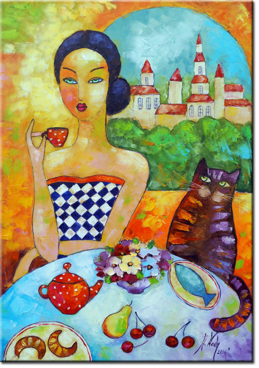 plakat dziewczyna i kot przy posiłku