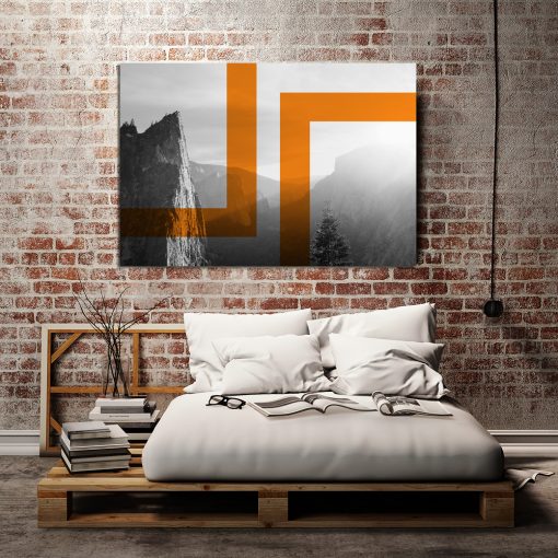 Czarno-biały plakat z pomarańczowym wzorem do sypialni