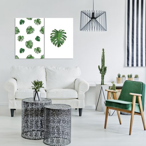 Dwa plakaty z motywem tropikalnych liści do salonu