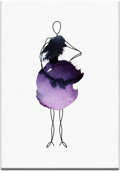 Plakat z rysunkiem kobiety i akwarelową suknią
