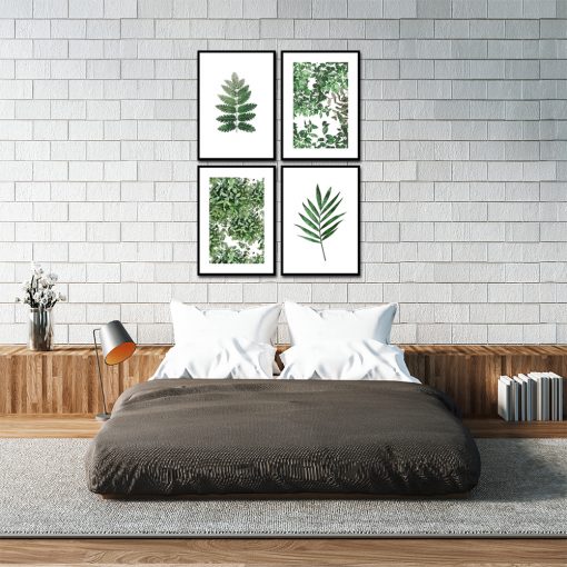 Zestaw plakatów w zielone liście do sypialni