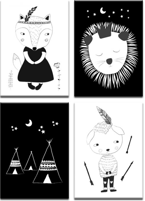 Zestaw plakatów z czarno-białymi rysunkami zwierząt