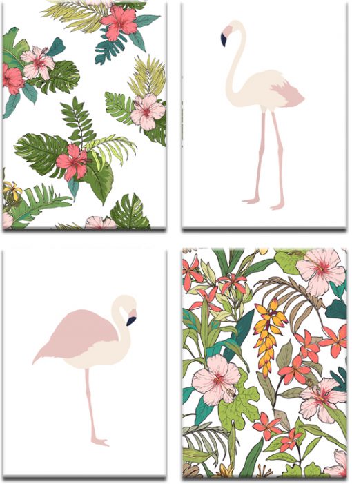 Komplet plakatów z flamingami i roślinami tropikalnymi