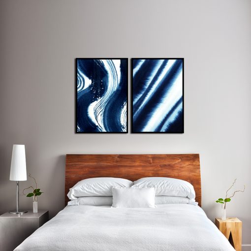 Abstrakcyjny zestaw niebieskich plakatów do sypialni