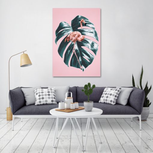 Różowy plakat z flamingiem do salonu