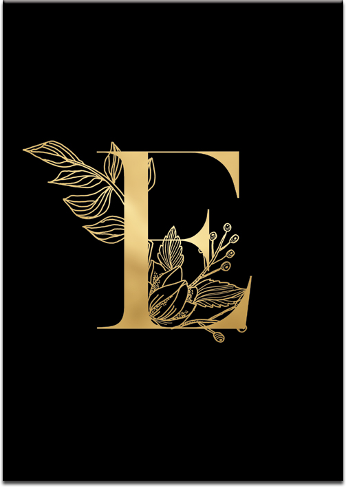 Metaliczny plakat z ornamentem i literą E