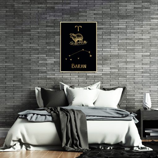 Złoty plakat z zodiakiem do sypialni