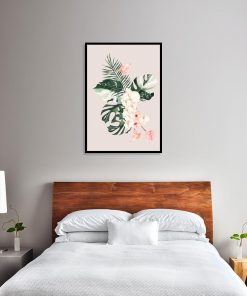 Plakat z tropikalnymi liśćmi i kwiatami