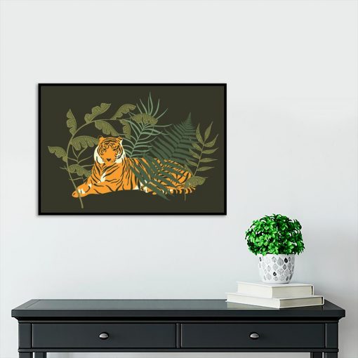 Plakat zielone liście i tygrys