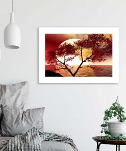 plakat z zachodzącym słońcem i drzewem do salonu