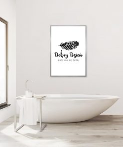 plakat łazienkowy przedstawiający napis i piórko