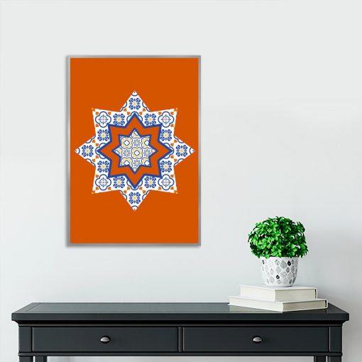 pomarańczowy plakat i niebieskie wzory