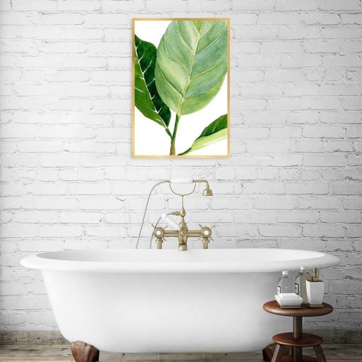 zielony liść na plakacie do łazienki