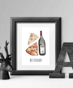 plakat przedstawiający wino i pizzę