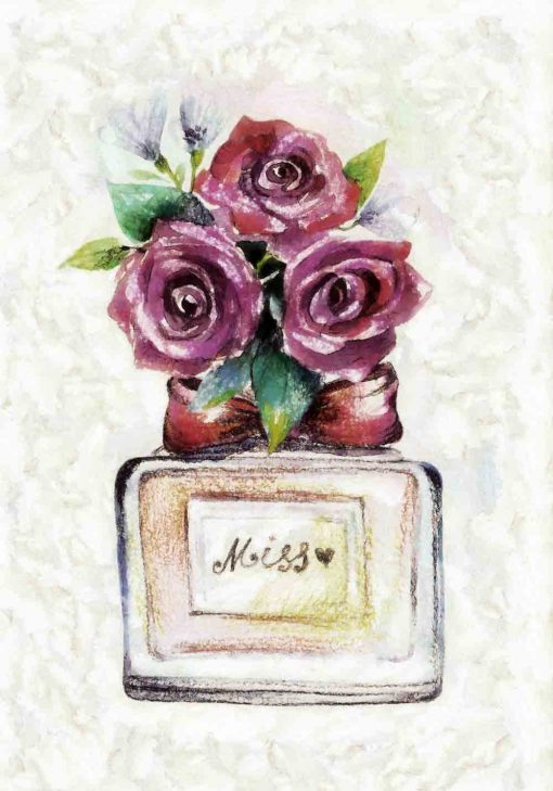 Plakat z butelką perfum oraz bukietem kwiatów