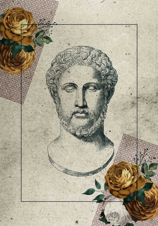 Plakat z głową Greka wyrzeźbioną w marmurze