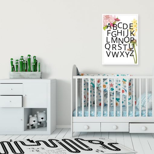 Plakat z alfabetem i kwiatami do pokoju dziecinnego