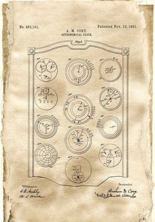 Poster z patentem na zegar w sepii