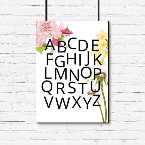 Plakat z alfabetem i kwiatkami do pokoju dziewczynki