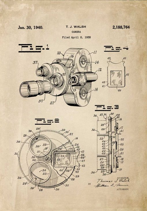 Poster vintage - patent kamery filmowej do dekoracji gabinetu