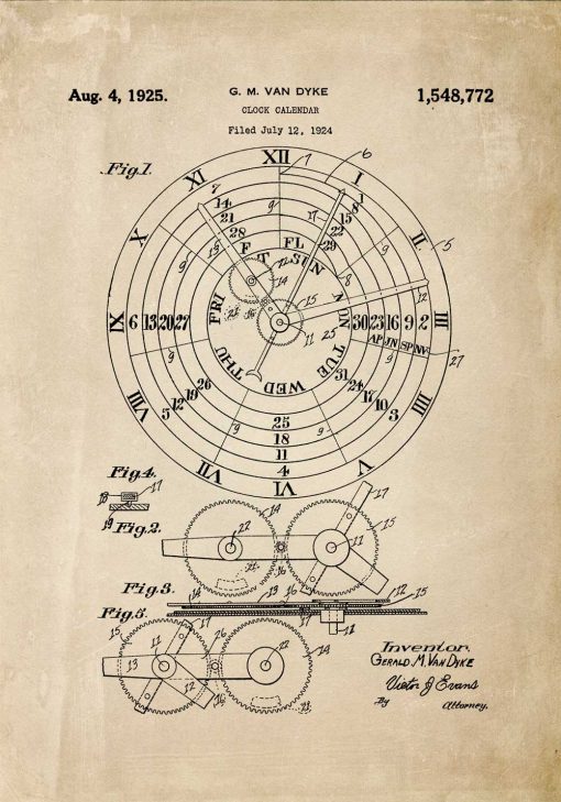 Plakat z wynalazkiem z 1924r. - kalendarz zegarowy