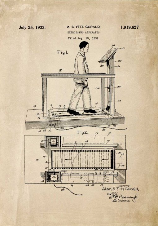 Poster z reprodukcją patentu na bieżnię na salkę fitness