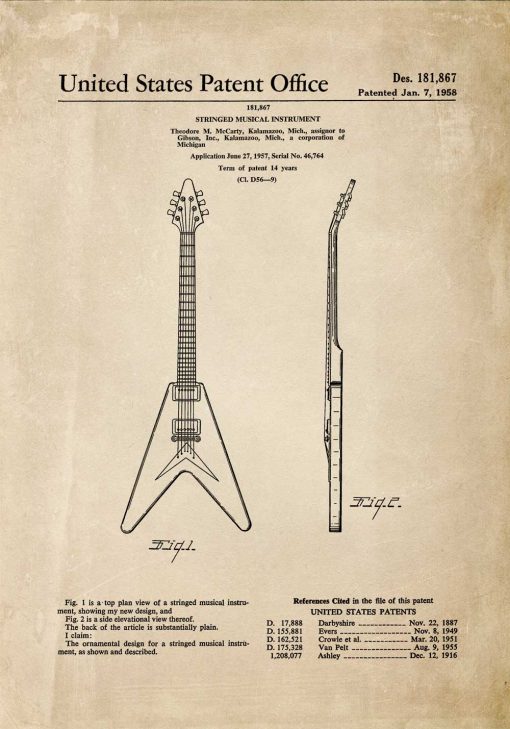 Plakat z patentem na budowę gitary
