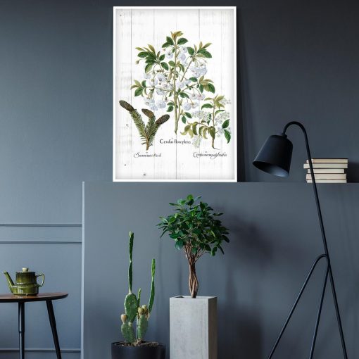 Plakat z roślinnym motywem na białych deskach do gabinetu
