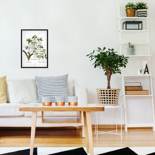 Plakat z roślinnym motywem na białych deskach do salonu
