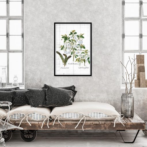 Plakat z roślinnym motywem na białych deskach do sypialni