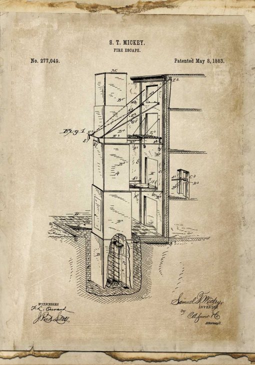 Plakat retro z patentem na budowę wyjścia pożarowego