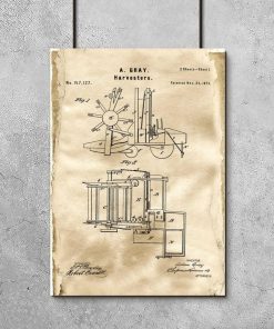 Plakat w kolorze sepii z motywem kombajnu - patent