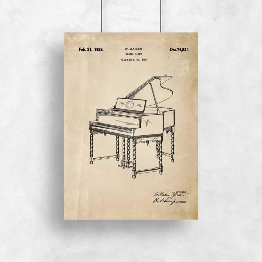 Plakat w kolorze sepii z rysunkiem patentowym pianina