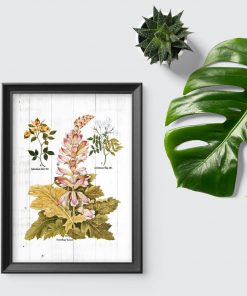 Plakat z motywem roślinnym na tle desek