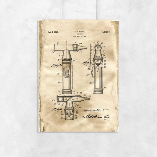 Plakat z rysunkiem patentowym otoskopu laryngologicznego dla lekarza