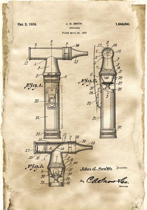 Plakat z rysunkiem patentowym otoskopu laryngologicznego do sypialni