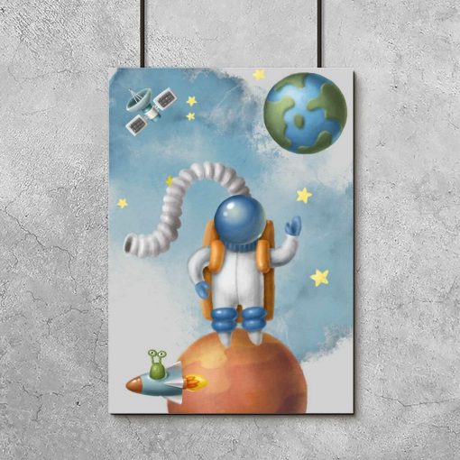 Plakat dla dzieci z kosmosem i sztucznym satelitą
