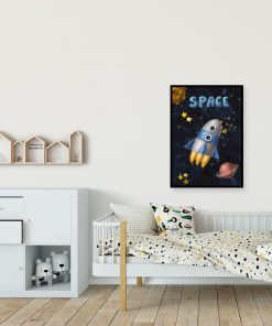 Plakat z motywem rakiety i planet