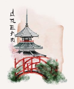 Plakat w motywem pagody oraz napisem