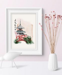 Plakat z japońskim mostkiem w ogrodzie w barwach różu