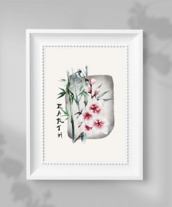 Plakat z kwiatem wiśni oraz napisem
