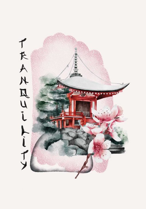 Plakat z pagodą i napisem: spokój