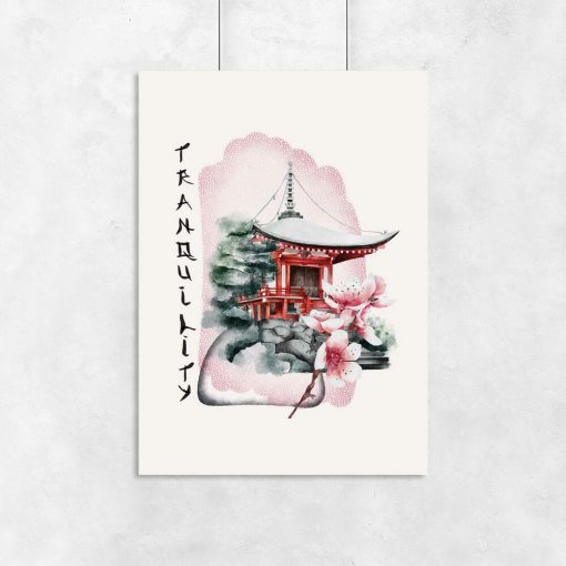 Plakaty z azjatycką świątynią i napisem: tranquility
