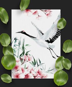 Plakat z motywem żurawia i kwiatu wiśni do sypialni
