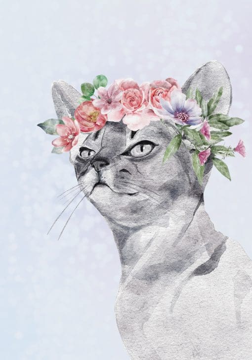 Plakat kot w kwiatach do ramy