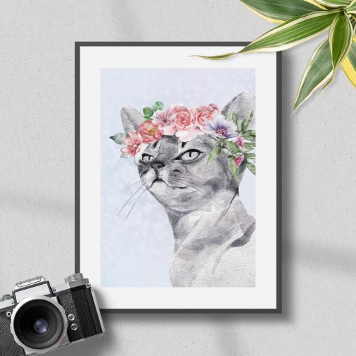 Plakat portret kota w kwiatowym wianku