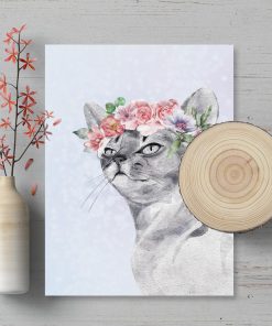 Plakat z kotem w kwiatach do ramy