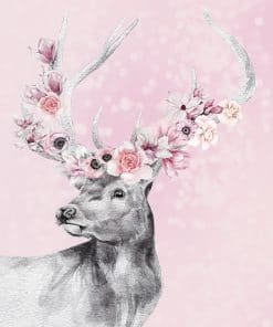 Różowy plakat z motywem jelenia i kwiatów do ramki