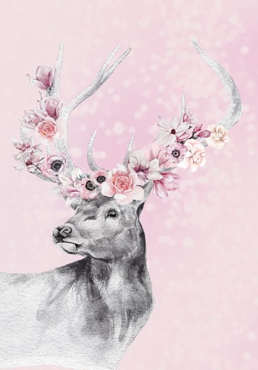 Różowy plakat z motywem jelenia i kwiatów do ramki